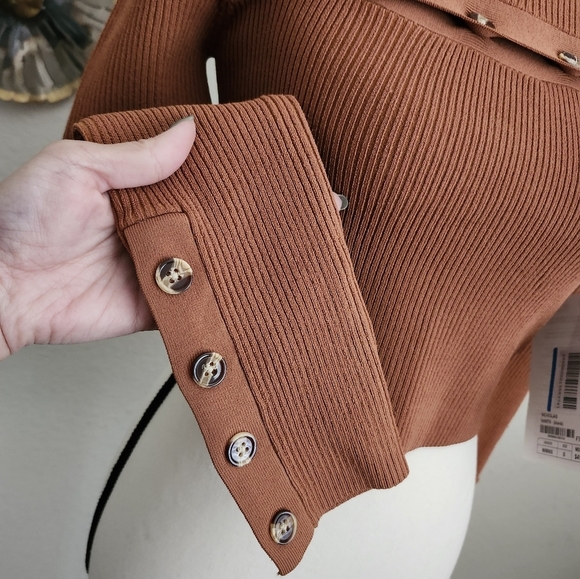 Nicholas Juliet Rib Knit Long Sleeve Cropped Funnel Neck Top in Caramel - Picture 7 of 12